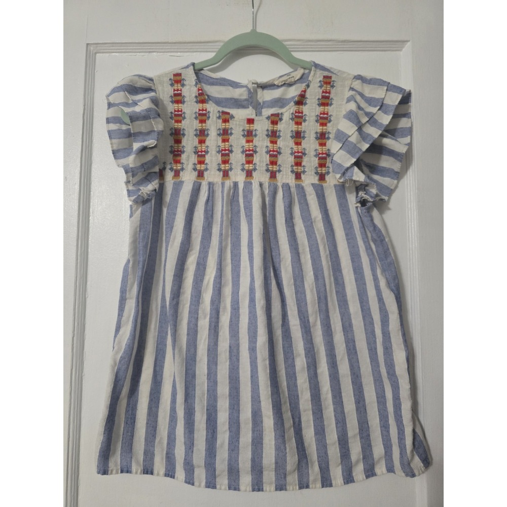 Entro - Striped Embroidered Flutter Sleeve Top Blue White Medium